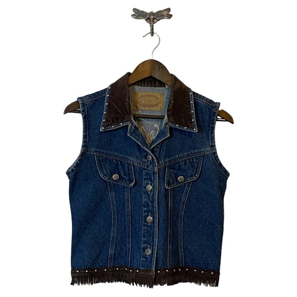 Vintage Jackets & Blazers - Vintage Western Gordon James Denim Co. Denim and Leather Studded Vest Size Small